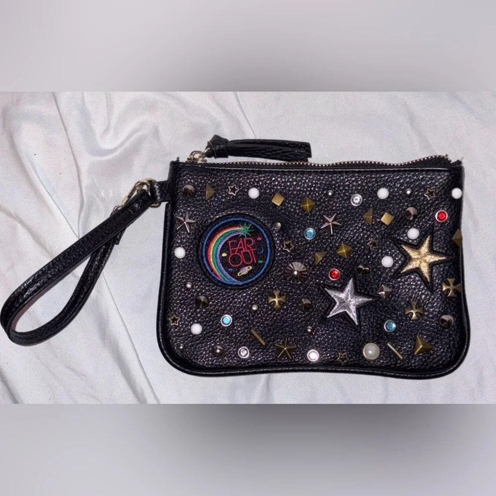 Steve Madden Far Out Space Studded Star Patch Rainbow Rhinestone Black Wristlet